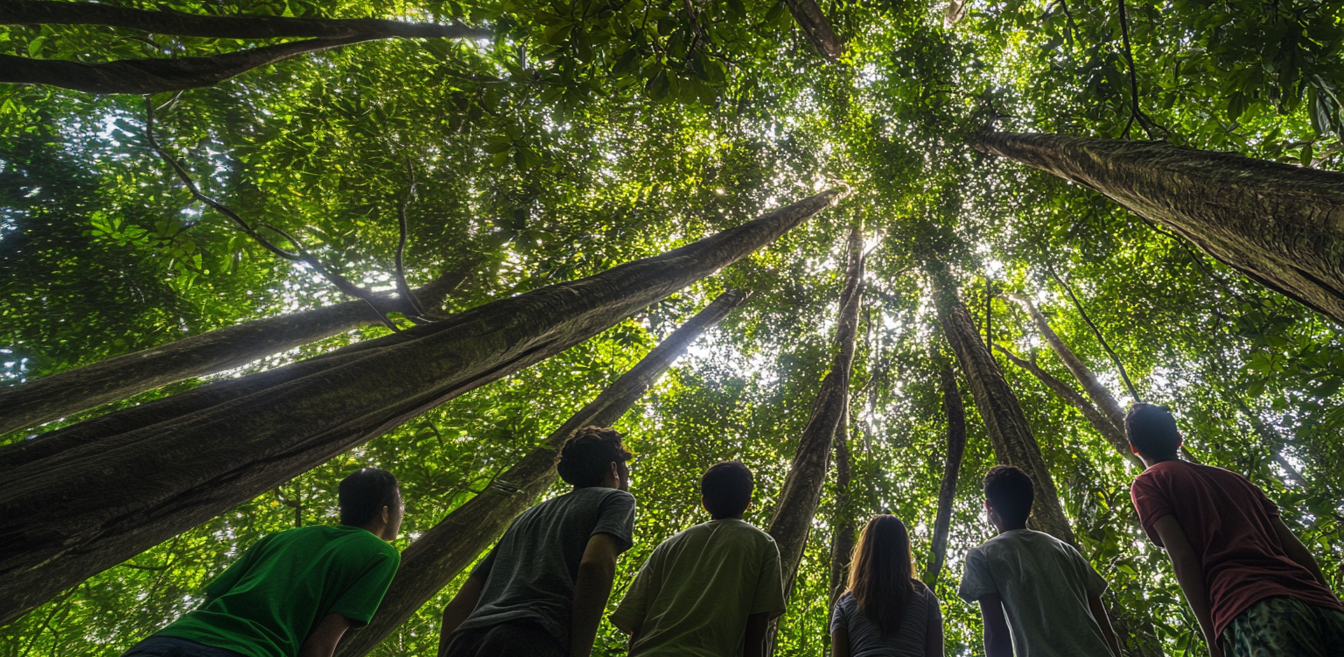 Mature teak plantation with straight trunks in organized rows in Darién province